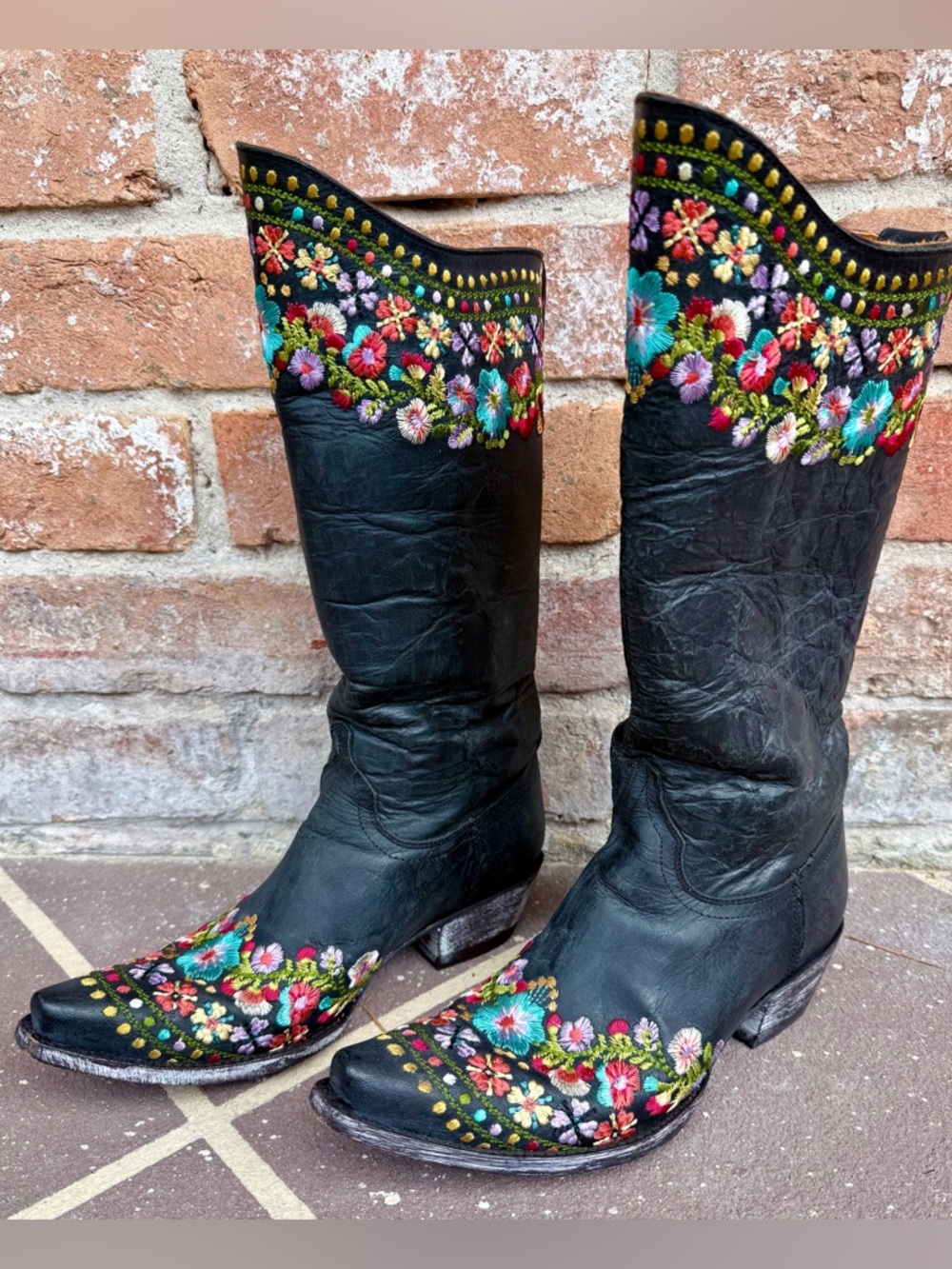 🌸 Old Gringo Sora Black Leather Floral Embroidered Boots - Size 8.5B